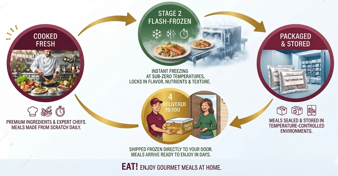 An infographic diagram illustrating the meal prep and delivery process, featuring four circular stages: Cooked Fresh, Stage 2 Flash-Frozen, Packaged & Stored, and Delivered to You, with text and small illustrative photos between connected gold arrows on a white background.