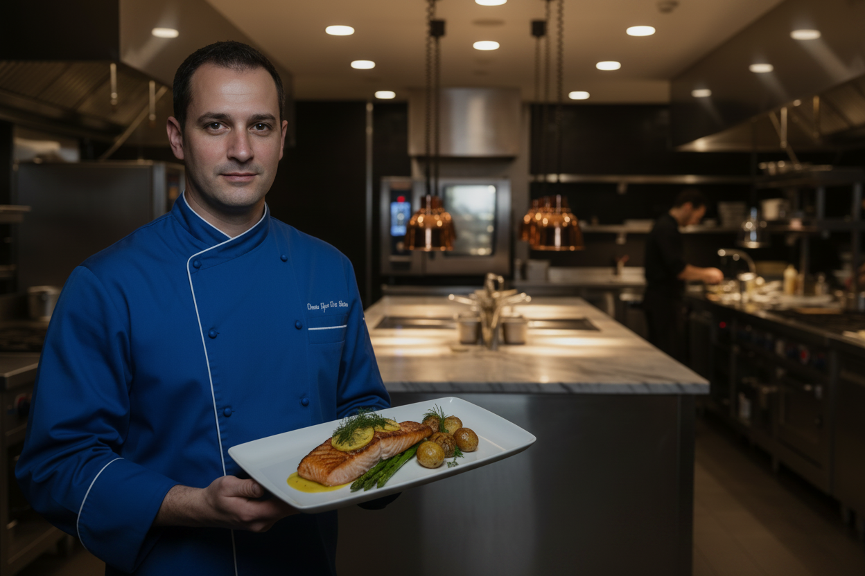 Chef holding a plate of food in a professional kitchen