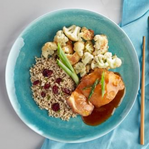 Mandarin Orange Chicken with Herbed Brown Rice with Dried Cranberries with Cauliflower Florets