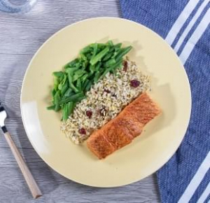 Seared Salmon with Brown Butter with Herbed Brown Rice with Dried Cranberries with Green Beans