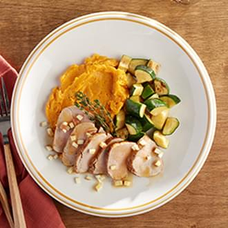 Warm Apple Roasted Pork Tenderloin  with Sweet Potatoes with Brussel Sprouts