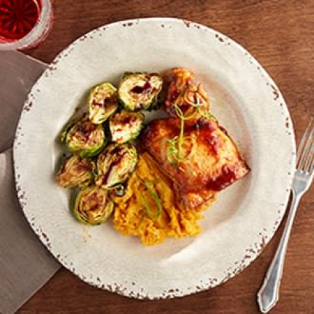 BBQ Chicken Thigh with Sweet Potatoes with Brussel Sprouts