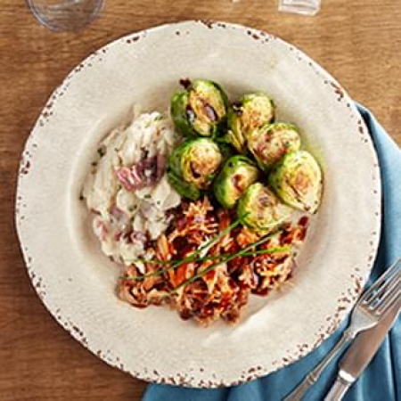 BBQ Pulled Turkey with Mashed Yukon Gold Potatoes with Brussel Sprouts