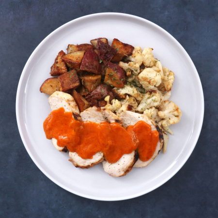Grilled Buffalo Chicken with Herb Roasted Red Potatoes with Cauliflower